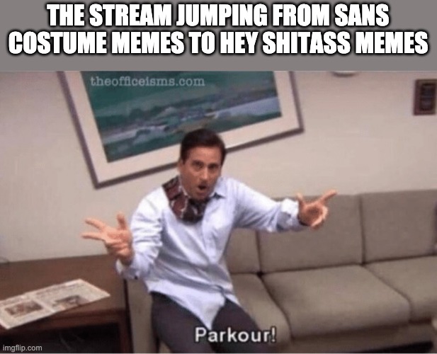 parkour! | THE STREAM JUMPING FROM SANS COSTUME MEMES TO HEY SHITASS MEMES | image tagged in parkour | made w/ Imgflip meme maker