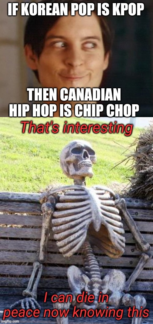 IF KOREAN POP IS KPOP; THEN CANADIAN HIP HOP IS CHIP CHOP | image tagged in memes,spiderman peter parker | made w/ Imgflip meme maker