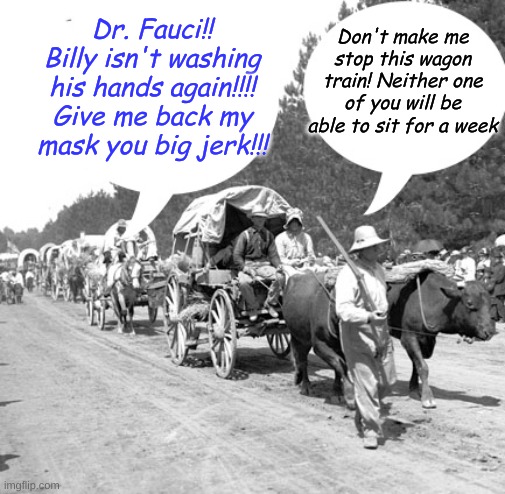 The COVID-19 Wagon Train rolls on. | Dr. Fauci!! Billy isn't washing his hands again!!!! Give me back my mask you big jerk!!! Don't make me stop this wagon train! Neither one of you will be able to sit for a week | image tagged in snowflake wagon train | made w/ Imgflip meme maker