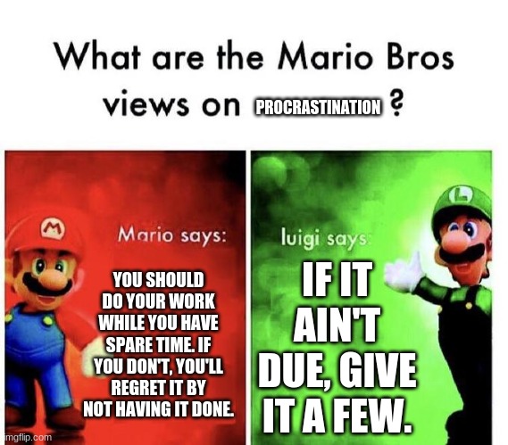 What are the Mario Bros. views on procrastination? | PROCRASTINATION; YOU SHOULD DO YOUR WORK WHILE YOU HAVE SPARE TIME. IF YOU DON'T, YOU'LL REGRET IT BY NOT HAVING IT DONE. IF IT AIN'T DUE, GIVE IT A FEW. | image tagged in mario bros views | made w/ Imgflip meme maker