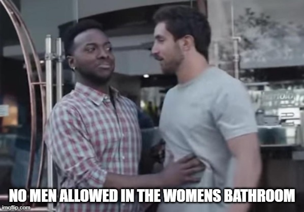 Hold up bro | NO MEN ALLOWED IN THE WOMENS BATHROOM | image tagged in hold up bro | made w/ Imgflip meme maker