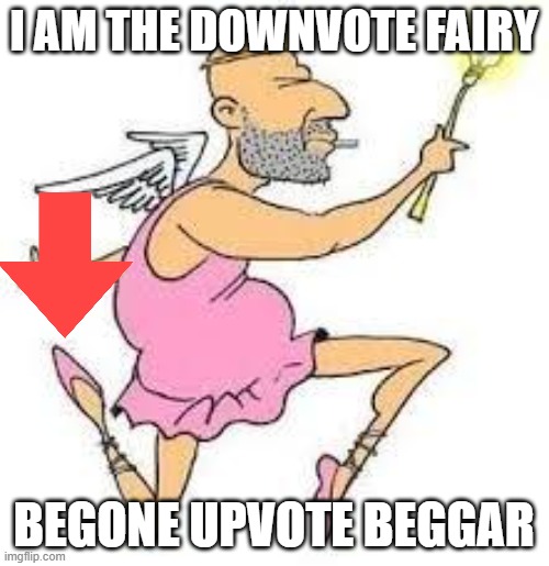 Downvote Fairy | I AM THE DOWNVOTE FAIRY BEGONE UPVOTE BEGGAR | image tagged in downvote fairy | made w/ Imgflip meme maker