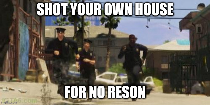 Gta 5 cops | SHOT YOUR OWN HOUSE; FOR NO RESON | image tagged in gta 5 cops | made w/ Imgflip meme maker