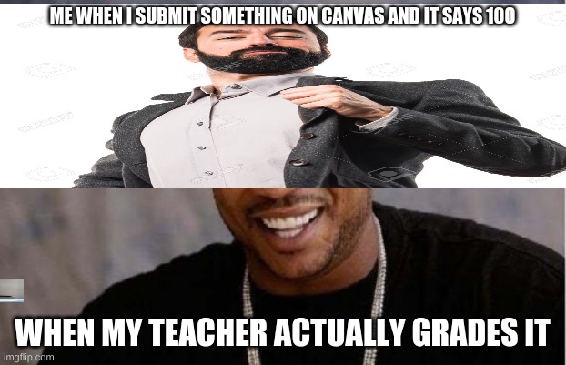 ME WHEN I SUBMIT SOMETHING ON CANVAS AND IT SAYS 100; WHEN MY TEACHER ACTUALLY GRADES IT | image tagged in online school | made w/ Imgflip meme maker
