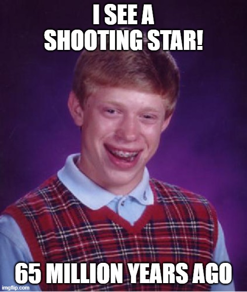 Same luck as the dinosaurs... | I SEE A SHOOTING STAR! 65 MILLION YEARS AGO | image tagged in bad luck brian nerdy | made w/ Imgflip meme maker
