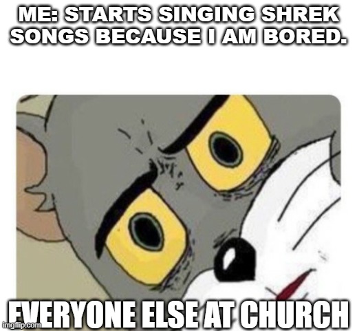 Shocked Tom | ME: STARTS SINGING SHREK SONGS BECAUSE I AM BORED. EVERYONE ELSE AT CHURCH | image tagged in shocked tom,shrek,church,confused tom | made w/ Imgflip meme maker
