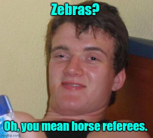 Seeing things again. | Zebras? Oh, you mean horse referees. | image tagged in memes,10 guy,halucinating,funny | made w/ Imgflip meme maker