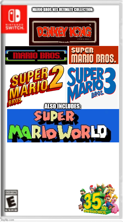 Blank Switch game | MARIO BROS NES ULTIMATE COLLECTION:; ALSO INCLUDES: | image tagged in blank switch game | made w/ Imgflip meme maker