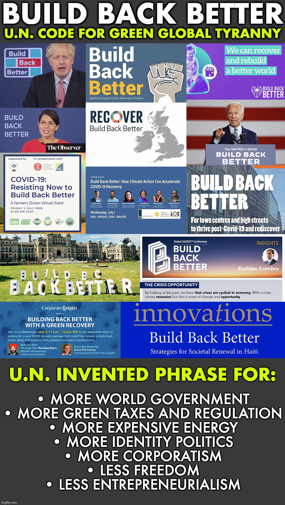 Build Back Better: U.N. code for Green Global Tyranny | BUILD BACK BETTER; U.N. CODE FOR GREEN GLOBAL TYRANNY; U.N. INVENTED PHRASE FOR:; • MORE WORLD GOVERNMENT
• MORE GREEN TAXES AND REGULATION
• MORE EXPENSIVE ENERGY
• MORE IDENTITY POLITICS
• MORE CORPORATISM
• LESS FREEDOM
• LESS ENTREPRENEURIALISM | image tagged in build back better,united nations,tyranny,nwo,green new deal | made w/ Imgflip meme maker