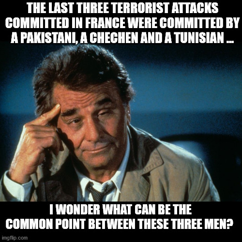 Question pour un champion | THE LAST THREE TERRORIST ATTACKS COMMITTED IN FRANCE WERE COMMITTED BY A PAKISTANI, A CHECHEN AND A TUNISIAN ... I WONDER WHAT CAN BE THE COMMON POINT BETWEEN THESE THREE MEN? | image tagged in columbo roll safe,terrorists,france,attack | made w/ Imgflip meme maker