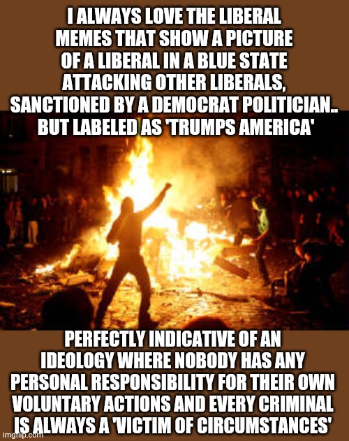 Anarchy Riot | I ALWAYS LOVE THE LIBERAL MEMES THAT SHOW A PICTURE OF A LIBERAL IN A BLUE STATE ATTACKING OTHER LIBERALS, SANCTIONED BY A DEMOCRAT POLITICIAN..
 BUT LABELED AS 'TRUMPS AMERICA'; PERFECTLY INDICATIVE OF AN IDEOLOGY WHERE NOBODY HAS ANY PERSONAL RESPONSIBILITY FOR THEIR OWN VOLUNTARY ACTIONS AND EVERY CRIMINAL IS ALWAYS A 'VICTIM OF CIRCUMSTANCES' | image tagged in anarchy riot | made w/ Imgflip meme maker