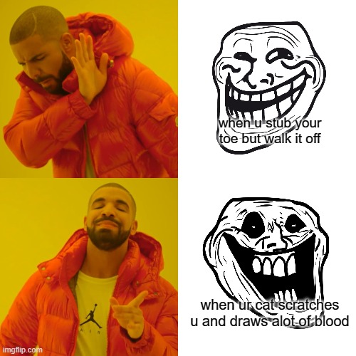 Me on a daily basis | when u stub your toe but walk it off; when ur cat scratches u and draws alot of blood | image tagged in memes,drake hotline bling | made w/ Imgflip meme maker