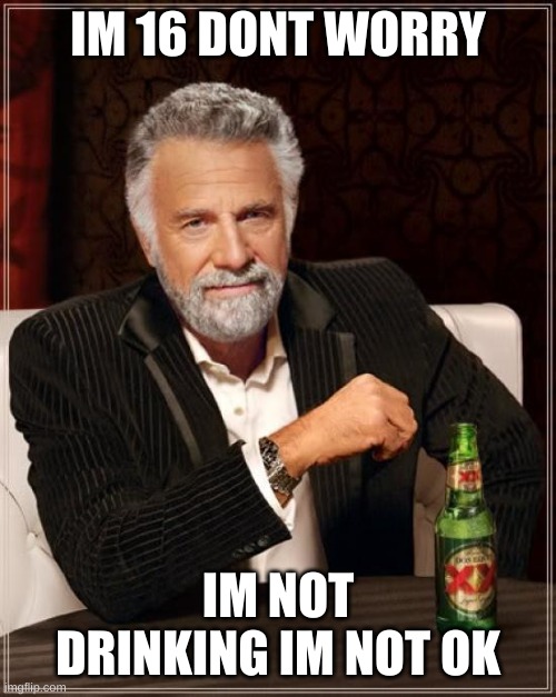 fun | IM 16 DONT WORRY; IM NOT DRINKING IM NOT OK | image tagged in memes,the most interesting man in the world | made w/ Imgflip meme maker