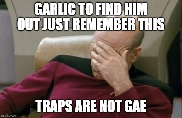 Captain Picard Facepalm Meme | GARLIC TO FIND HIM OUT JUST REMEMBER THIS; TRAPS ARE NOT GAE | image tagged in memes,captain picard facepalm | made w/ Imgflip meme maker