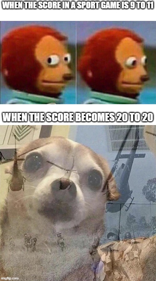 score in game | WHEN THE SCORE IN A SPORT GAME IS 9 TO 11; WHEN THE SCORE BECOMES 20 TO 20 | image tagged in monkey looking away,dog ptsd,memes,funny,funny memes | made w/ Imgflip meme maker