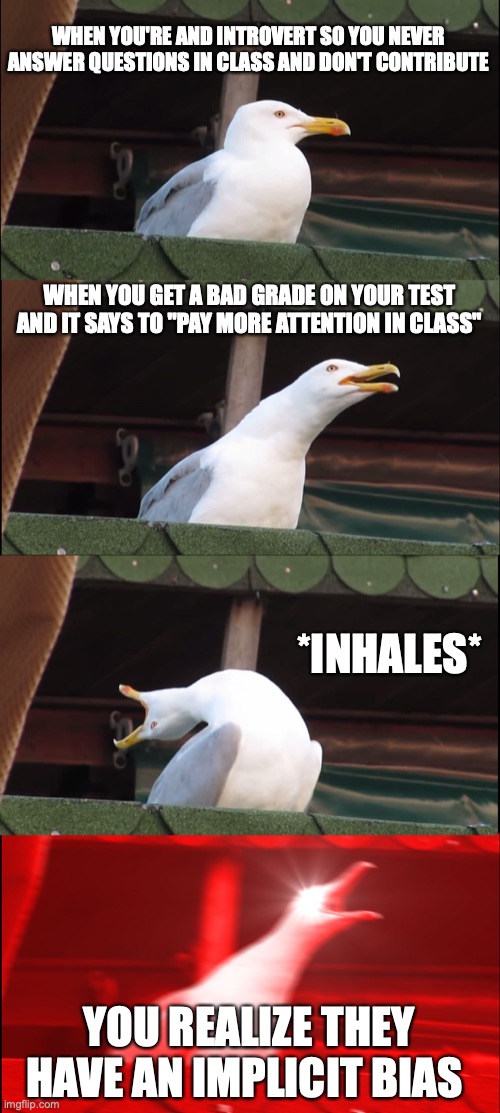 Implicit bias | WHEN YOU'RE AND INTROVERT SO YOU NEVER ANSWER QUESTIONS IN CLASS AND DON'T CONTRIBUTE; WHEN YOU GET A BAD GRADE ON YOUR TEST AND IT SAYS TO "PAY MORE ATTENTION IN CLASS"; *INHALES*; YOU REALIZE THEY HAVE AN IMPLICIT BIAS | image tagged in memes,inhaling seagull | made w/ Imgflip meme maker