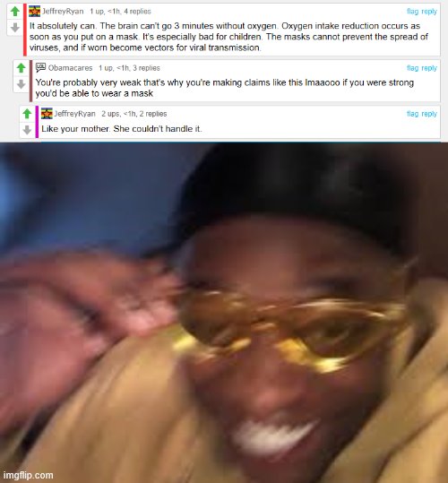 i upvoted both peeps but im not on both sides. Just a good roast (: | image tagged in black guy golden glasses | made w/ Imgflip meme maker