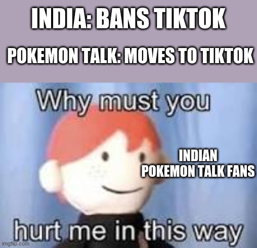 I Don't Have Anything Against TikTok, But Of All Websites... | INDIA: BANS TIKTOK; POKEMON TALK: MOVES TO TIKTOK; INDIAN POKEMON TALK FANS | image tagged in why must you hurt me in this way | made w/ Imgflip meme maker
