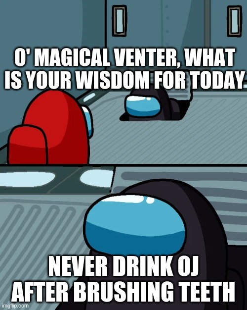 wise | O' MAGICAL VENTER, WHAT IS YOUR WISDOM FOR TODAY; NEVER DRINK OJ AFTER BRUSHING TEETH | image tagged in impostor of the vent,video games | made w/ Imgflip meme maker