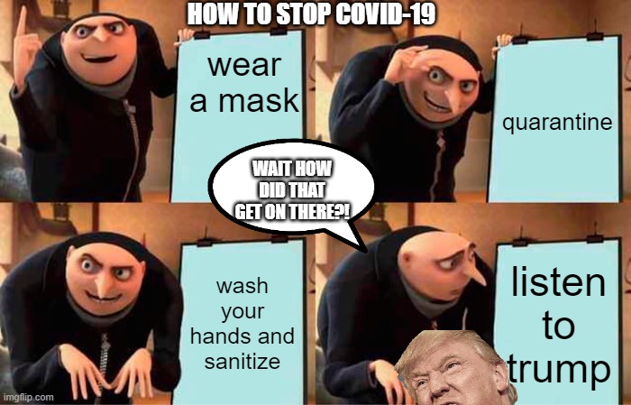 Gru's Plan | HOW TO STOP COVID-19; wear a mask; quarantine; WAIT HOW DID THAT GET ON THERE?! wash your hands and sanitize; listen to trump | image tagged in memes,gru's plan | made w/ Imgflip meme maker