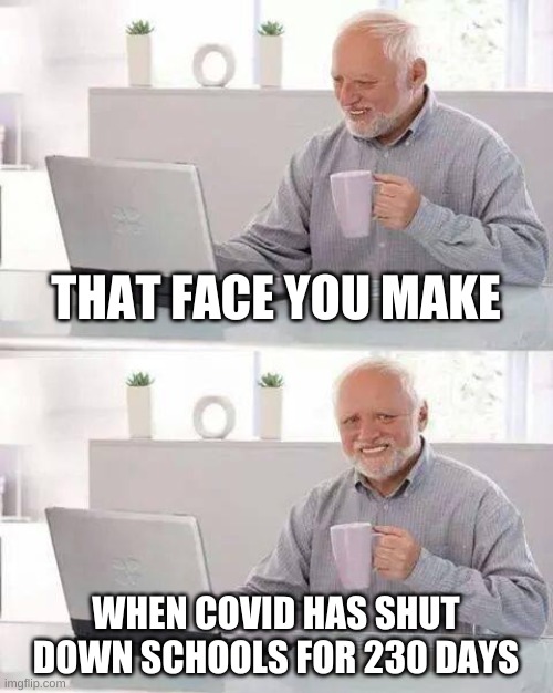 Hide the Pain Harold Meme | THAT FACE YOU MAKE; WHEN COVID HAS SHUT DOWN SCHOOLS FOR 230 DAYS | image tagged in memes,hide the pain harold | made w/ Imgflip meme maker
