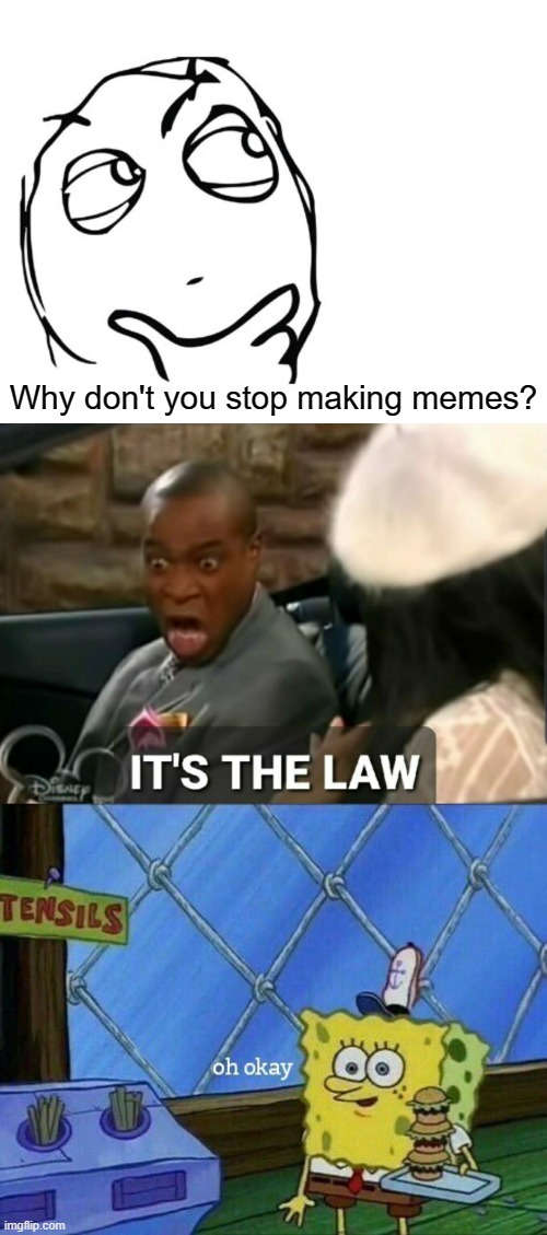 Why don't you stop making memes? | image tagged in hmmm,it's the law,oh okay,memes | made w/ Imgflip meme maker