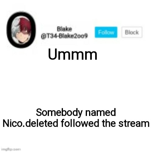 Blake2oo9 Anouncement template | Ummm; Somebody named Nico.deleted followed the stream | image tagged in blake2oo9 anouncement template | made w/ Imgflip meme maker