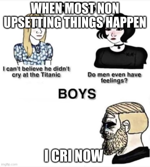 please don't think i'm just being mean i'm just having a laugh also i couldnt post it in fun but i really wanted to post it now  | WHEN MOST NON UPSETTING THINGS HAPPEN; I CRI NOW | image tagged in do men even have feelings,funny,kindness,don't judge | made w/ Imgflip meme maker
