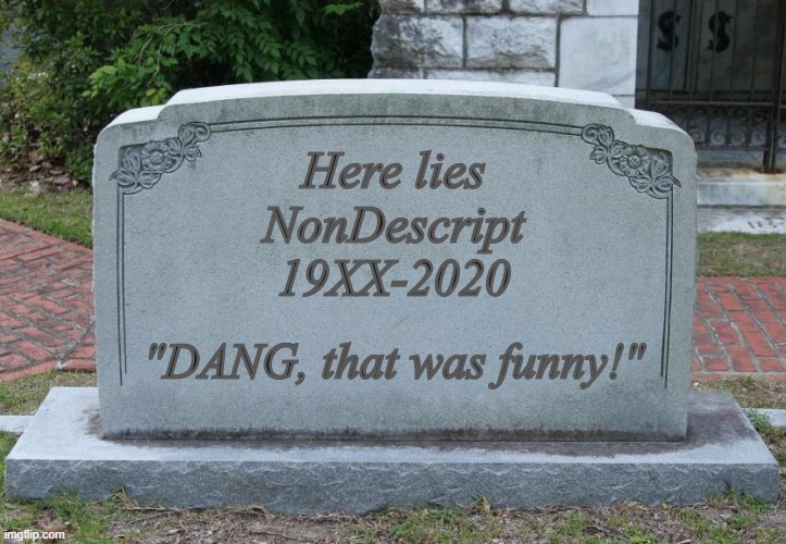 Gravestone | Here lies
NonDescript
19XX-2020 "DANG, that was funny!" | image tagged in gravestone | made w/ Imgflip meme maker
