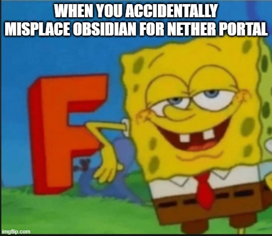 F | WHEN YOU ACCIDENTALLY MISPLACE OBSIDIAN FOR NETHER PORTAL | image tagged in f | made w/ Imgflip meme maker