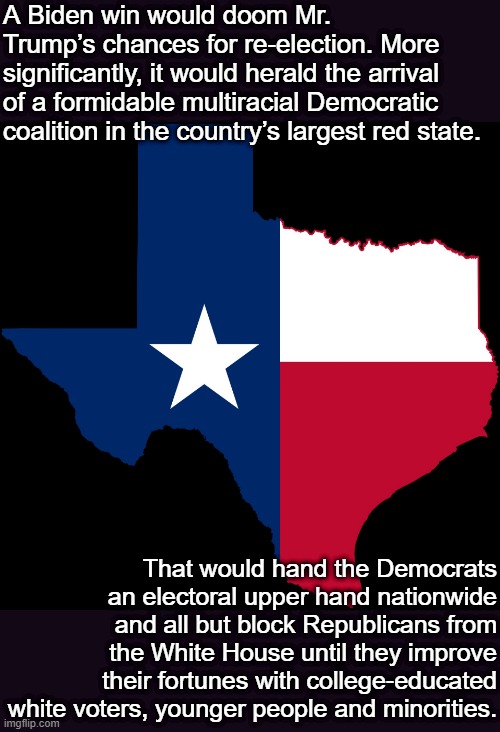 A Texas win would not be the tipping-point in a Biden victory, but it would send a massive statement and force the GOP to change | A Biden win would doom Mr. Trump’s chances for re-election. More significantly, it would herald the arrival of a formidable multiracial Democratic coalition in the country’s largest red state. That would hand the Democrats an electoral upper hand nationwide and all but block Republicans from the White House until they improve their fortunes with college-educated white voters, younger people and minorities. | image tagged in texas map,election 2020,2020 elections,texas,gop,republican party | made w/ Imgflip meme maker