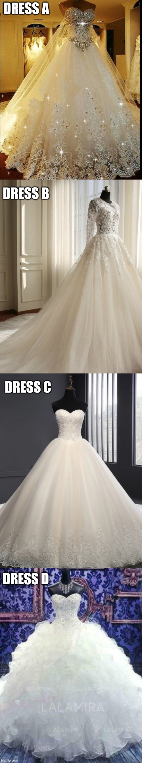 Which Wedding Dress Should I Wear? (I just got engaged) | DRESS A; DRESS B; DRESS C; DRESS D | made w/ Imgflip meme maker