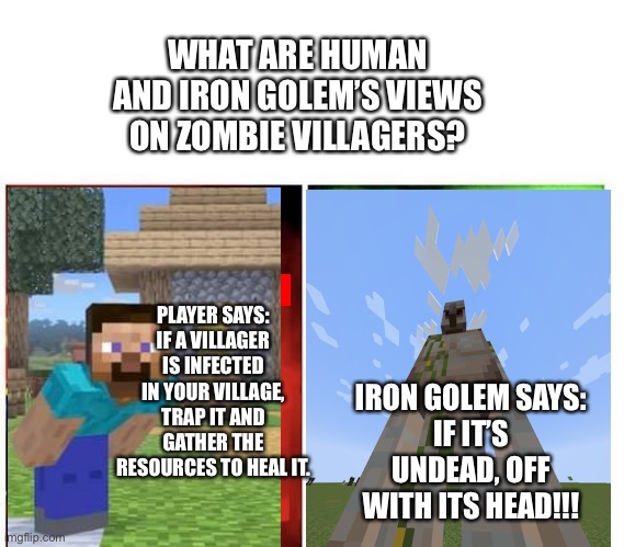 YEETUS DELETUS | WHAT ARE HUMAN AND IRON GOLEM’S VIEWS ON ZOMBIE VILLAGERS? PLAYER SAYS:
IF A VILLAGER IS INFECTED IN YOUR VILLAGE, TRAP IT AND GATHER THE RESOURCES TO HEAL IT. IRON GOLEM SAYS:
IF IT’S UNDEAD, OFF WITH ITS HEAD!!! | image tagged in mario bros views,minecraft,steve,golem,zombie,memes | made w/ Imgflip meme maker