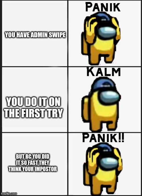 Among us Panik | YOU HAVE ADMIN SWIPE; YOU DO IT ON THE FIRST TRY; BUT BC YOU DID IT SO FAST THEY THINK YOUR IMPOSTOR | image tagged in among us panik | made w/ Imgflip meme maker