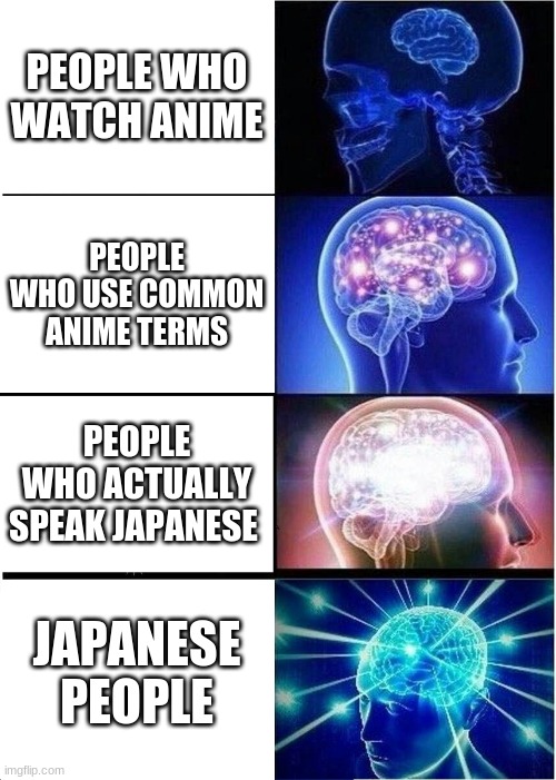 Expanding Brain | PEOPLE WHO WATCH ANIME; PEOPLE WHO USE COMMON ANIME TERMS; PEOPLE WHO ACTUALLY SPEAK JAPANESE; JAPANESE PEOPLE | image tagged in memes,expanding brain | made w/ Imgflip meme maker