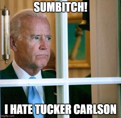Biden anticipates the fallout | SUMBITCH! I HATE TUCKER CARLSON | image tagged in sad joe biden,tucker carlson,losing | made w/ Imgflip meme maker