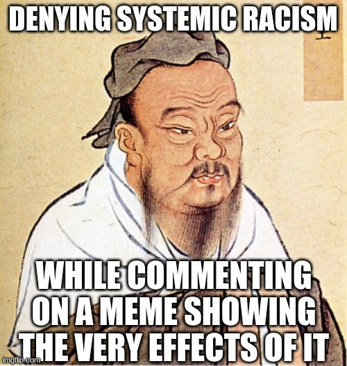 Confucius Says | DENYING SYSTEMIC RACISM WHILE COMMENTING ON A MEME SHOWING THE VERY EFFECTS OF IT | image tagged in confucius says | made w/ Imgflip meme maker