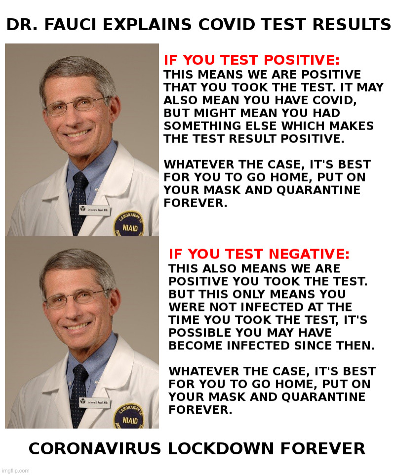 Dr. Fauci Explains Covid Test Results | image tagged in fauci,covid-19,test,coronavirus,lockdown,forever | made w/ Imgflip meme maker