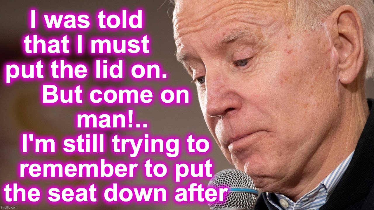 I don't think I've ever heard 'put the lid on' regarding any campaign | But come on man!.. 
I'm still trying to remember to put the seat down after; I was told that I must put the lid on. | image tagged in biden,toilet seat up | made w/ Imgflip meme maker