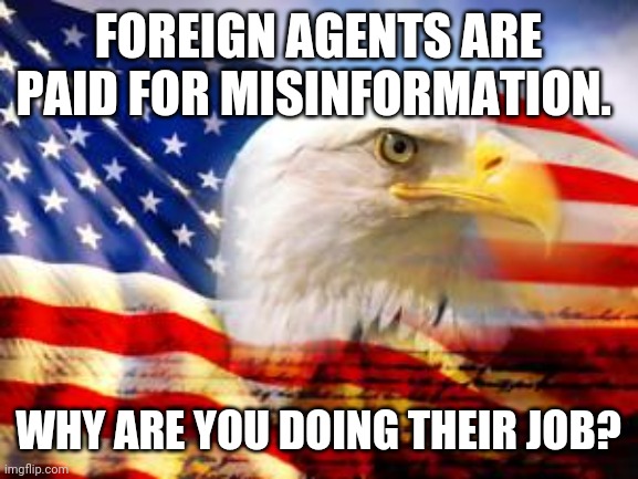 American Flag | FOREIGN AGENTS ARE PAID FOR MISINFORMATION. WHY ARE YOU DOING THEIR JOB? | image tagged in american flag | made w/ Imgflip meme maker