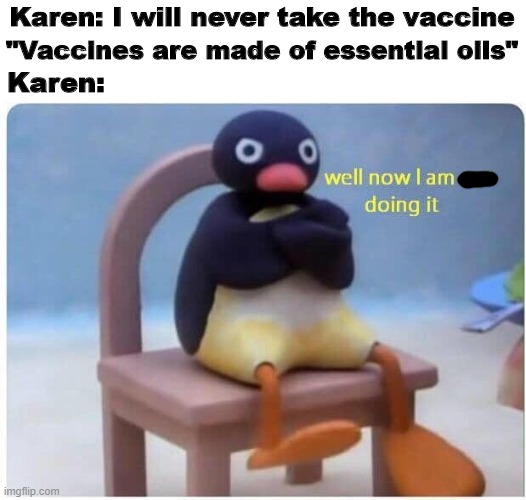 They believe everything Facebook says | "Vaccines are made of essential oils"; Karen: I will never take the vaccine; Karen: | image tagged in memes,well now i am not doing it,karens,vaccines,funny,stop reading the tags | made w/ Imgflip meme maker