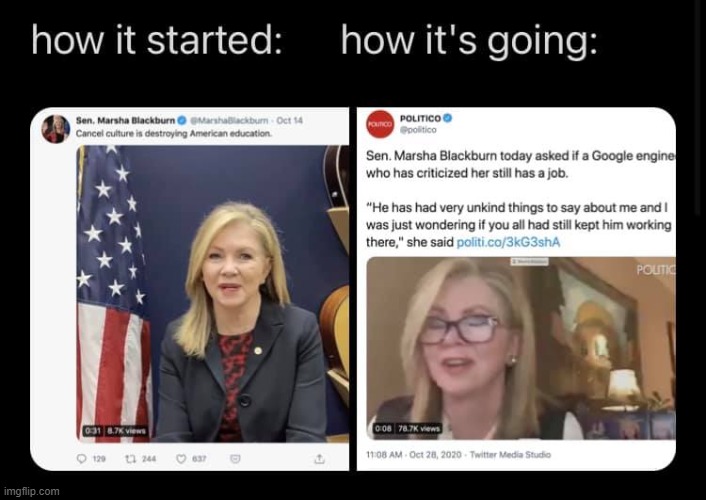 nono u dont get it lefsits do cancel culture its jsut not a conservative thing its just not maga | image tagged in marsha blackburn hypocrisy,conservative hypocrisy,conservative logic,cancelled,repost,maga | made w/ Imgflip meme maker