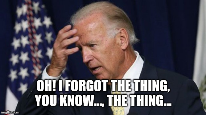 Joe Biden... the thing | OH! I FORGOT THE THING, YOU KNOW..., THE THING... | image tagged in joe biden worries | made w/ Imgflip meme maker