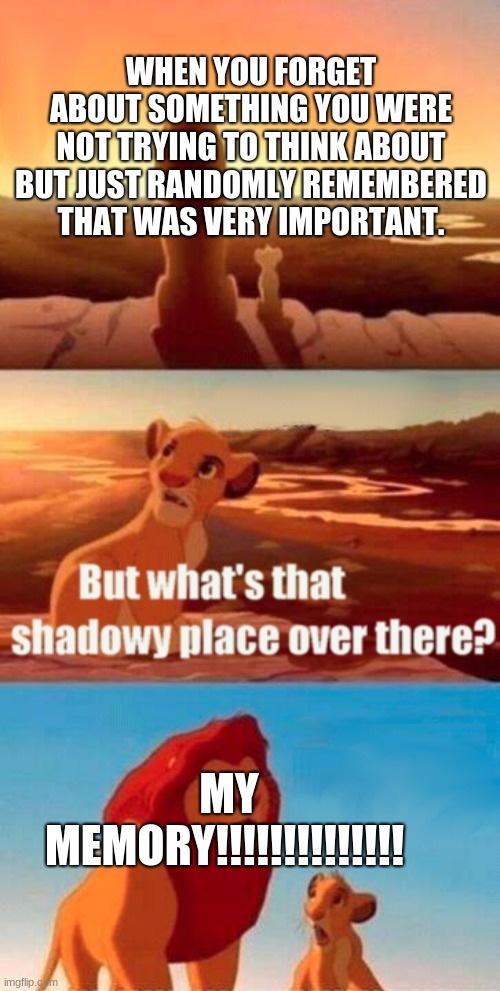 Simba Shadowy Place | WHEN YOU FORGET ABOUT SOMETHING YOU WERE NOT TRYING TO THINK ABOUT BUT JUST RANDOMLY REMEMBERED THAT WAS VERY IMPORTANT. MY MEMORY!!!!!!!!!!!!!! | image tagged in memes,simba shadowy place | made w/ Imgflip meme maker