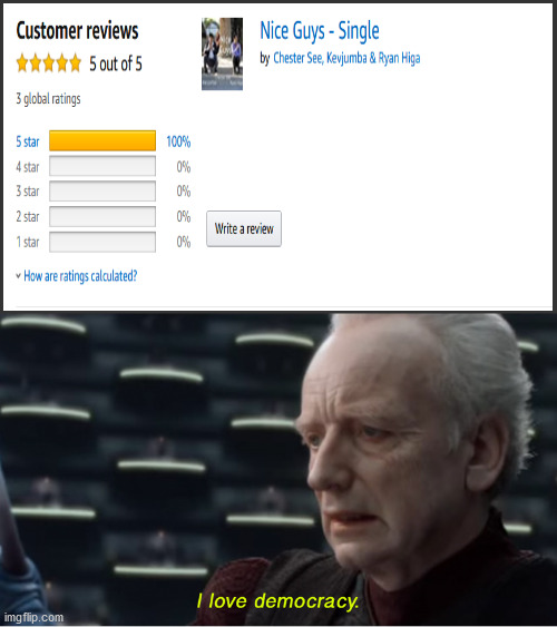 Only 3 ratings and from 2011 but its a banger | image tagged in i love democracy,nigahiga | made w/ Imgflip meme maker