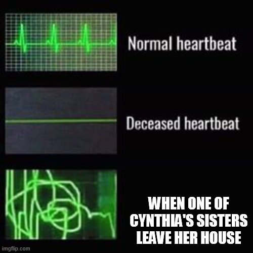 some of her sisters left | WHEN ONE OF CYNTHIA'S SISTERS LEAVE HER HOUSE | image tagged in heartbeat rate | made w/ Imgflip meme maker