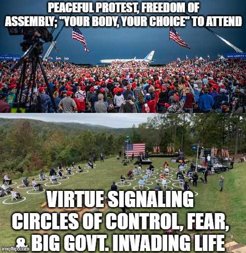 THE CHOICE IS EASY FOR CIVIL LOVERS OF FREEDOM... | PEACEFUL PROTEST, FREEDOM OF ASSEMBLY; "YOUR BODY, YOUR CHOICE" TO ATTEND; VIRTUE SIGNALING CIRCLES OF CONTROL, FEAR, & BIG GOVT. INVADING LIFE | image tagged in trump 2020,biden 2020,presidential race,trump rally,covid-19,america | made w/ Imgflip meme maker