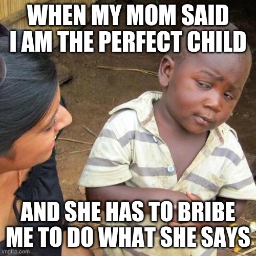 lol | WHEN MY MOM SAID I AM THE PERFECT CHILD; AND SHE HAS TO BRIBE ME TO DO WHAT SHE SAYS | image tagged in memes,third world skeptical kid | made w/ Imgflip meme maker