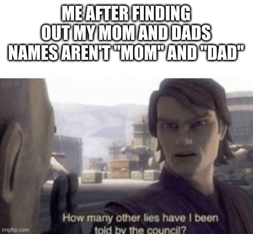 How many other lies have i been told by the council | ME AFTER FINDING OUT MY MOM AND DADS NAMES AREN'T "MOM" AND "DAD" | image tagged in how many other lies have i been told by the council | made w/ Imgflip meme maker