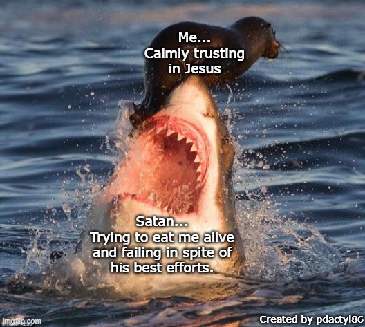Just Trust in Jesus |  Me...
Calmly trusting
in Jesus; Satan...
Trying to eat me alive
and failing in spite of
his best efforts. Created by pdactyl86 | image tagged in memes,travelonshark,seal,shark,jesus,trust | made w/ Imgflip meme maker